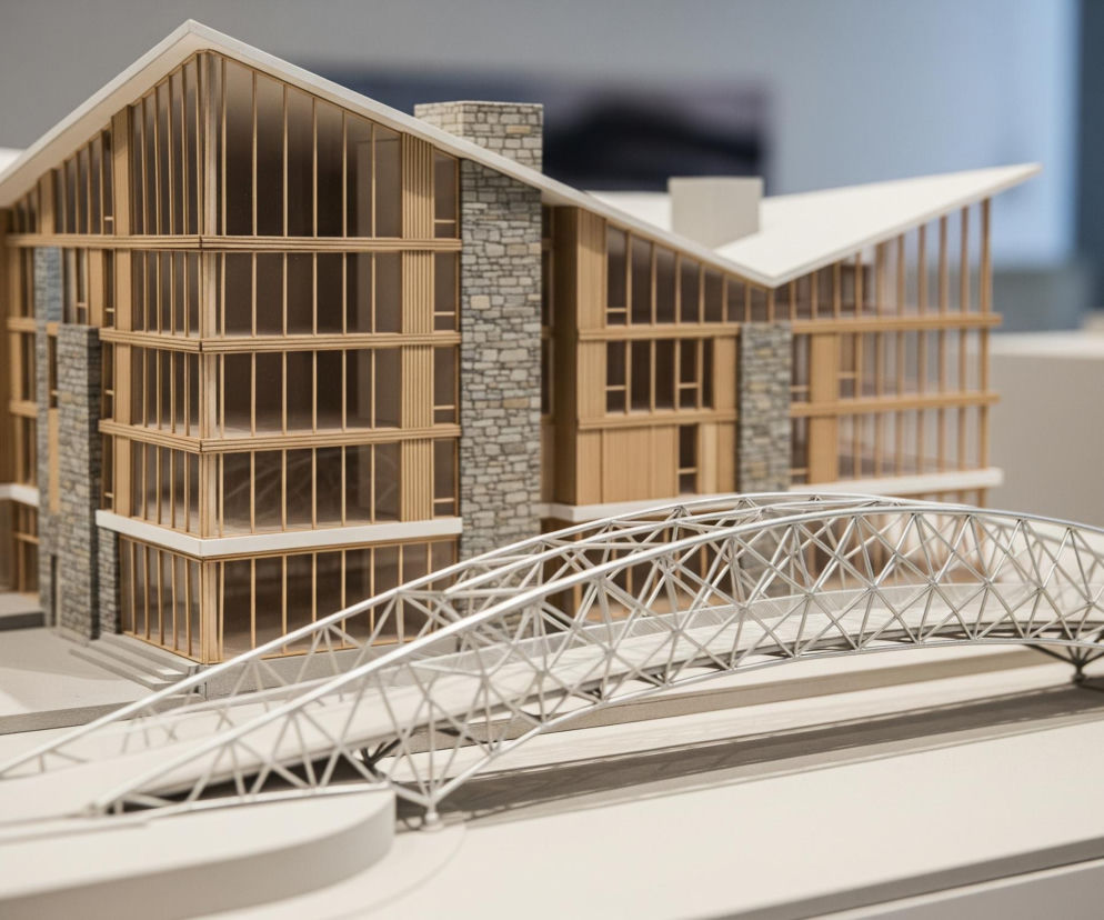 Model architektoniczny złożony z trzykondygnacyjnego budynku oraz łukowego mostu. Budynek charakteryzuje się jasnymi, drewnianymi ścianami z przeszklonymi, pionowymi oknami oraz białymi, spiczastymi dachami. Części elewacji wykonane są z szarego, kamiennego muru. Most, wykonany z jasnego metalu, ma ażurową konstrukcję kratownicową i jest posadowiony na jasnej podstawie, która imituje teren. Całość modelu stoi na beżowym stole, a tło jest rozmyte, utrzymane w odcieniach szarości i błękitu.