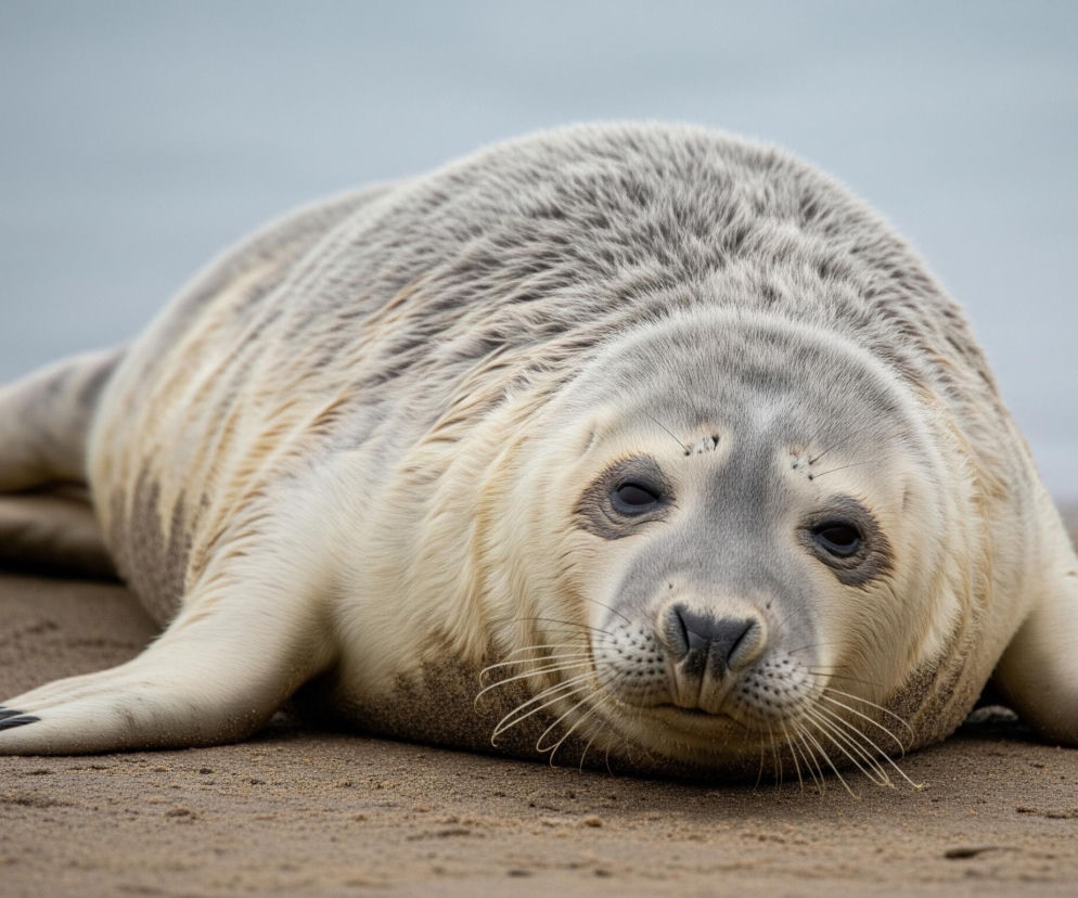 Foka szara leży na piaszczystej plaży, z głową skierowaną prosto w stronę widza. Jej futro jest jasnoszare na grzbiecie, przechodząc w kremowe odcienie na brzuchu i wokół pyska. Pysk foki jest ciemniejszy, z widocznymi długimi, jasnymi wąsami i czarnymi oczami. W tle rozciąga się rozmyte, bladoniebieskie morze.