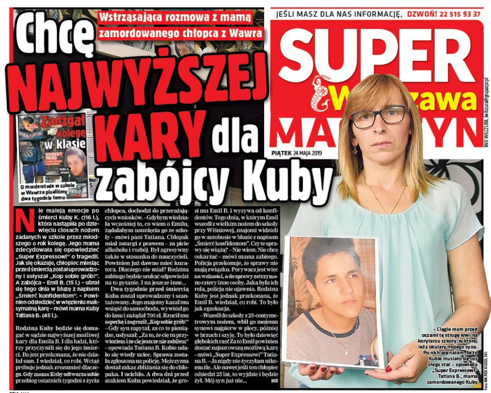 Matka zamordowanego w szkole Kuby: Emil dźgając mojego syna zabił także mnie