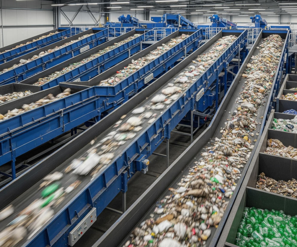Długa seria niebieskich taśmociągów wypełnionych różnego rodzaju odpadami, głównie plastikiem i papierem, biegnie przez dużą, przemysłową halę. Materiały są sortowane i transportowane na kolejne poziomy, gdzie inne taśmociągi przenoszą kolejne partie śmieci. Niektóre odpady są już wstępnie posegregowane i składowane w dużych, ciemnoszarych boksach, widoczne są w nich głównie zielone butelki oraz drobne, kolorowe kawałki plastiku. Sufit hali jest jasny, z licznymi liniami prostokątnych lamp, a boczne ściany pokryte są jasnymi panelami.