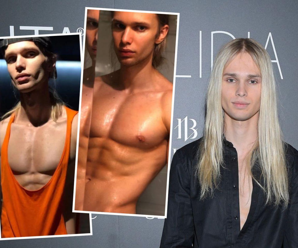 Mateusz Maga w czarnej koszuli. Obok wstawki z umięśnioną klatką piersiową modela. O jego metamorfozie przeczytasz w Eska.