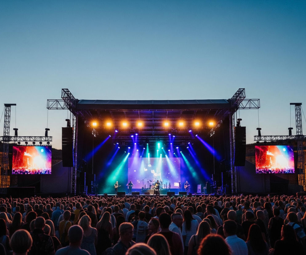 Szeroki kadr sceny muzycznej podczas koncertu plenerowego, z dużą publicznością w pierwszym planie. Centralnie umiejscowiona scena o konstrukcji kratownicowej jest intensywnie oświetlona, z żółtymi światłami w górnej części oraz niebiesko-zielonymi snopami światła skierowanymi w stronę muzyków na scenie. Na tle sceny widoczny jest duży ekran LED wyświetlający dynamiczne wzory świetlne, a po bokach sceny wiszą dwa mniejsze ekrany LED, pokazujące zbliżenie na występ. Tłum ludzi wypełnia przestrzeń przed sceną, z ich głowami widocznymi od dołu kadru, a w tle rozciąga się mur forteczny z łukowatymi otworami, delikatnie podświetlony na ciepły, pomarańczowy kolor. Nad całością rozpościera się błękitne niebo o zachodzącym słońcu.