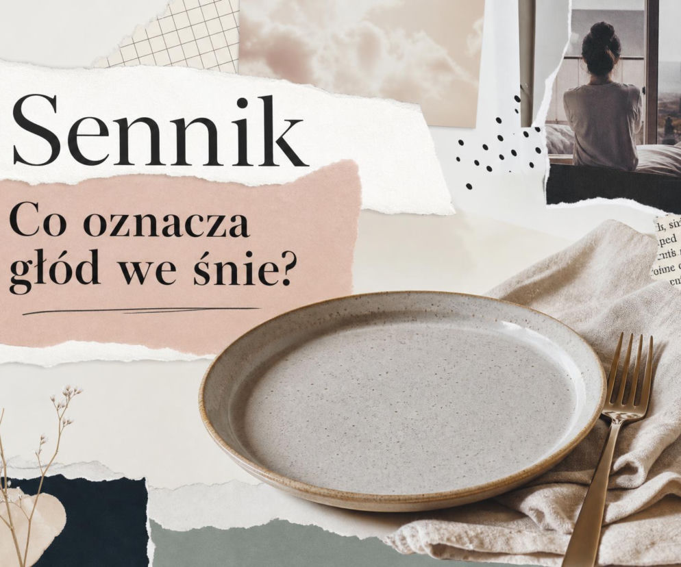 Pusty talerz z widelcem na serwetce. Obok napisy sennik. O głodzie we śnie przeczytasz na SE.