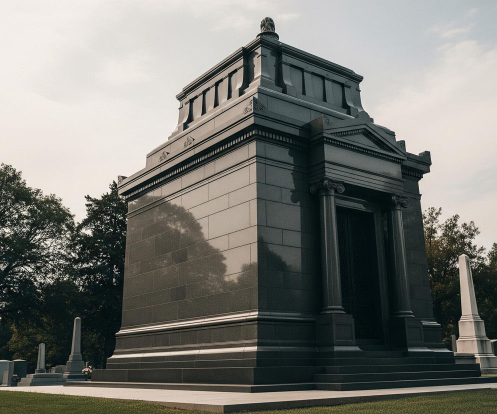 W centrum obrazu znajduje się duży, ciemnoszary, kamienny grobowiec o monumentalnej, wielopoziomowej konstrukcji z klasycznymi elementami architektonicznymi, takimi jak kolumny korynckie i tympanon nad wejściem. Grobowiec stoi na zielonej trawie, otoczonej betonowymi ścieżkami, a w jego tle i po bokach widoczne są gęste, ciemnozielone drzewa. Po prawej stronie grobowca widać jasny, biały obelisk oraz inne nagrobki i pomniki w oddali, natomiast niebo jest jasne, pokryte delikatnymi chmurami.