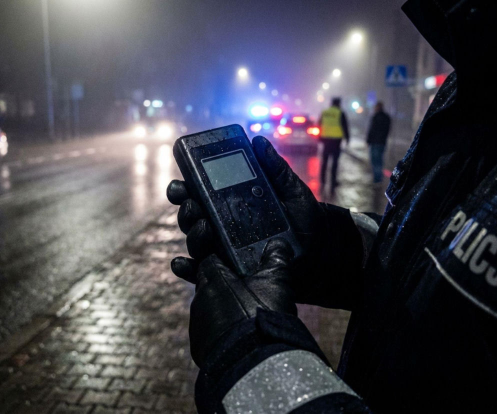 Dłonie policjanta trzymające alkomat