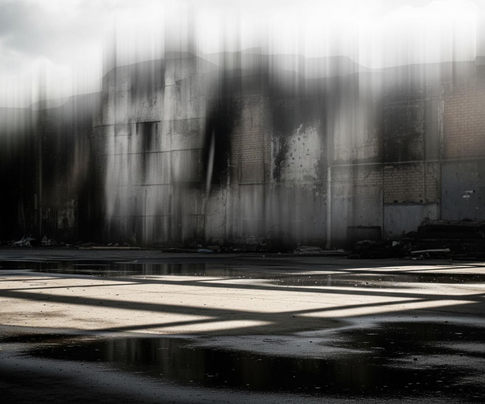 Betonowy, nierówny plac, częściowo pokryty kałużami, zajmuje dolną połowę obrazu, a na jego powierzchni widać ostre cienie w kształcie krzyża. W tle rozciąga się mur budynku o postrzępionych krawędziach, z widocznymi fragmentami cegły i śladami zacieków, rozświetlony od prawej strony intensywnym, jasnym światłem, które tworzy pionowe pasma rozmycia w górnej części kadru. Po prawej stronie muru stoją dwie drabiny, a przed nim widać stertę gruzu. Górna część nieba jest szara i zachmurzona.