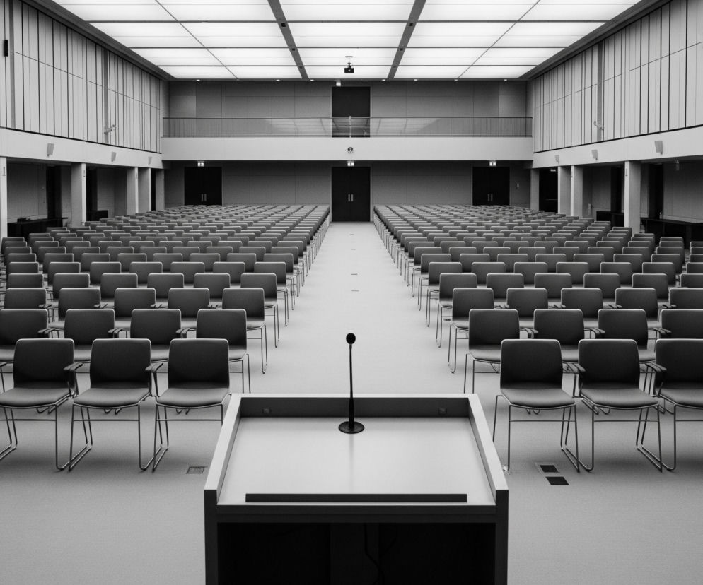 Wnętrze dużej, pustej sali konferencyjnej lub wykładowej, utrzymane w monochromatycznej palecie szarości. Na pierwszym planie znajduje się puste, proste podium z czarnym mikrofonem na statywie, skierowanym w stronę rzędów krzeseł. Sala wypełniona jest licznymi rzędami identycznych, ciemnoszarych krzeseł z metalowymi stelażami, ustawionych symetrycznie po obu stronach centralnego przejścia. Cała przestrzeń jest dobrze oświetlona przez panele świetlne na suficie oraz światło padające z długich, pionowych okien lub paneli ściennych umieszczonych wysoko na bocznych ścianach.