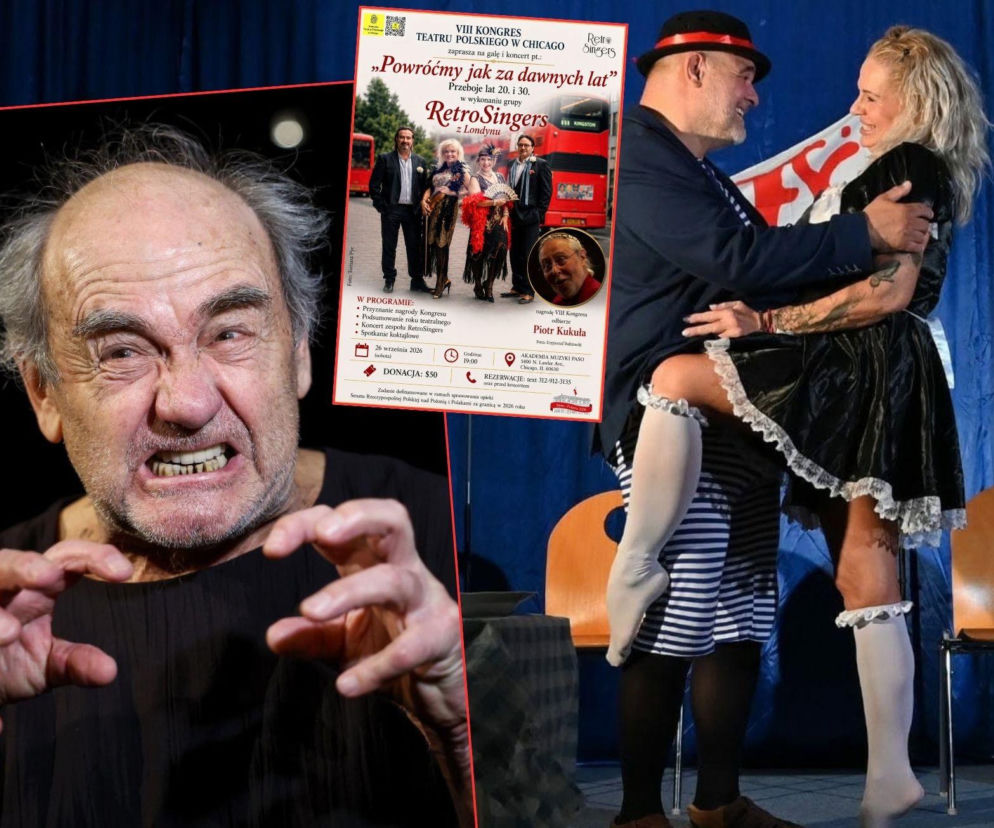 Aktor Jan Peszek z ekspresyjną miną. Obok plakat VIII Kongresu Teatru Polskiego i scena z występu. Więcej na SE USA.