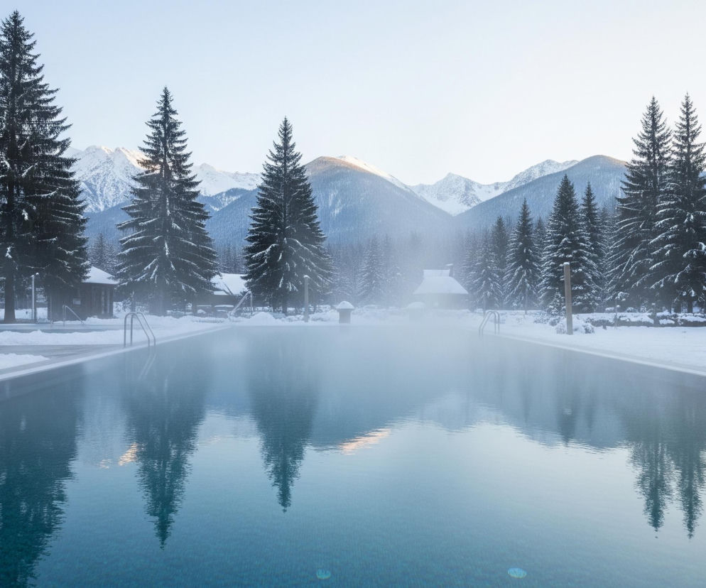 Centralnym elementem obrazu jest duży, prostokątny basen wypełniony błękitną wodą, z której unosi się widoczna mgła, tworząc parową zasłonę nad powierzchnią. Wokół basenu rozciąga się zaśnieżony teren, pokryty grubą warstwą białego puchu, na którym rosną wysokie, zielone choinki również przysypane śniegiem. W tle majaczą ośnieżone szczyty górskie pod jasnym, bladoniebieskim niebem, a niektóre z nich są oświetlone ciepłym, złotym światłem. Nad lustrem wody odbijają się zniekształcone sylwetki drzew i gdzieniegdzie niebo, z delikatnymi falami na powierzchni basenu.