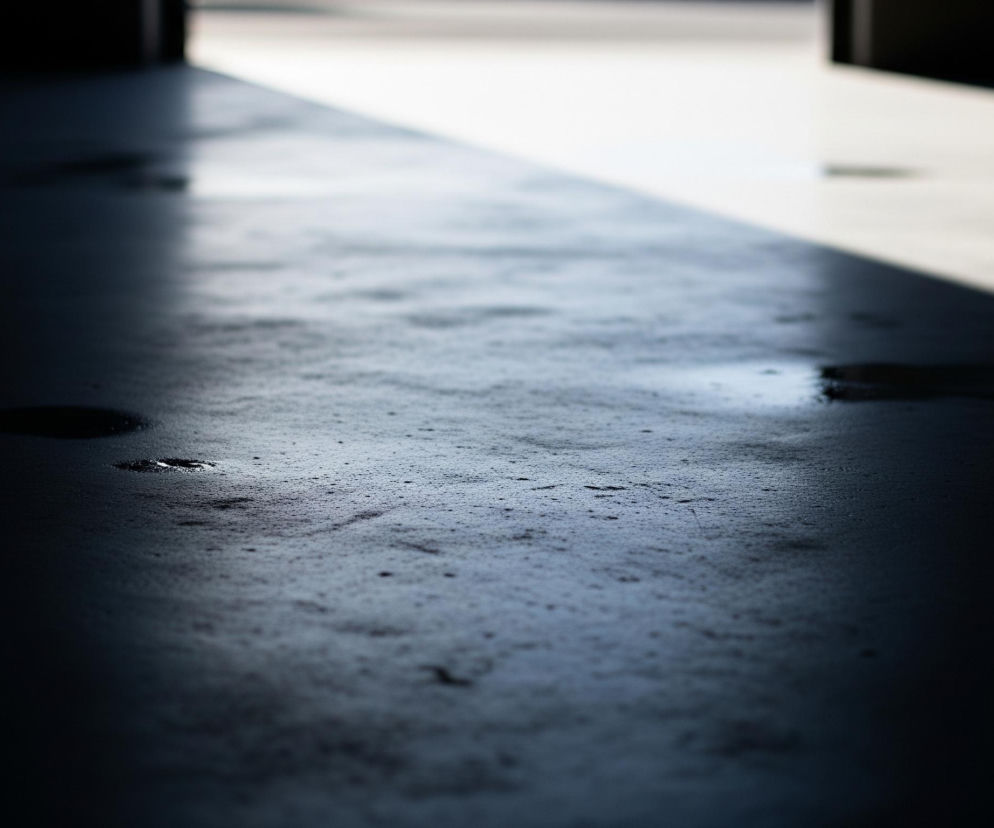 Kamienna lub betonowa posadzka jest podzielona ukośnie na dwie strefy przez silne światło wpadające z góry. Lewa dolna część obrazu, stanowiąca około dwóch trzecich kadru, jest pogrążona w ciemności, ukazując drobne, ciemniejsze plamy i nierówności. Prawa górna część jest jasno oświetlona, co uwydatnia jej szary odcień i gładką, choć z kilkoma widocznymi plamami, teksturę. Na granicy światła i cienia, w jasnej części, widoczne są drobne kałuże wody odbijające światło.