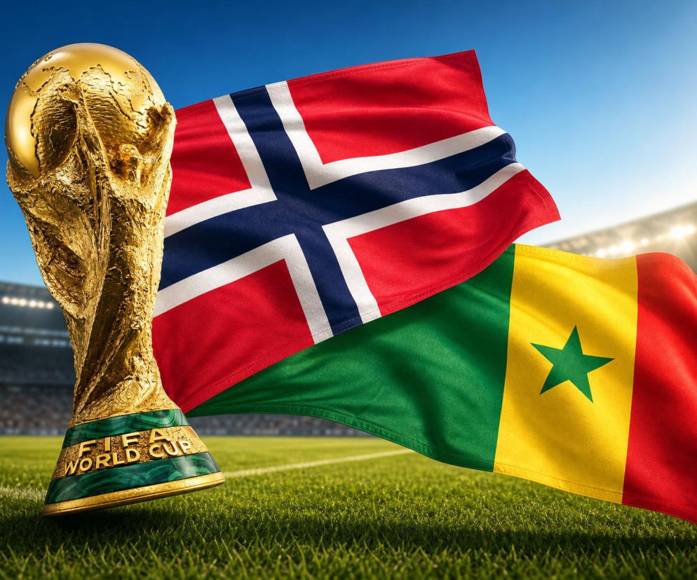Puchar Świata FIFA na tle flag Norwegii i Senegalu, symbolizujący mecz Mundialu 2026. Pełne informacje o wynikach, składach i statystykach tego spotkania znajdziesz na naszym portalu.