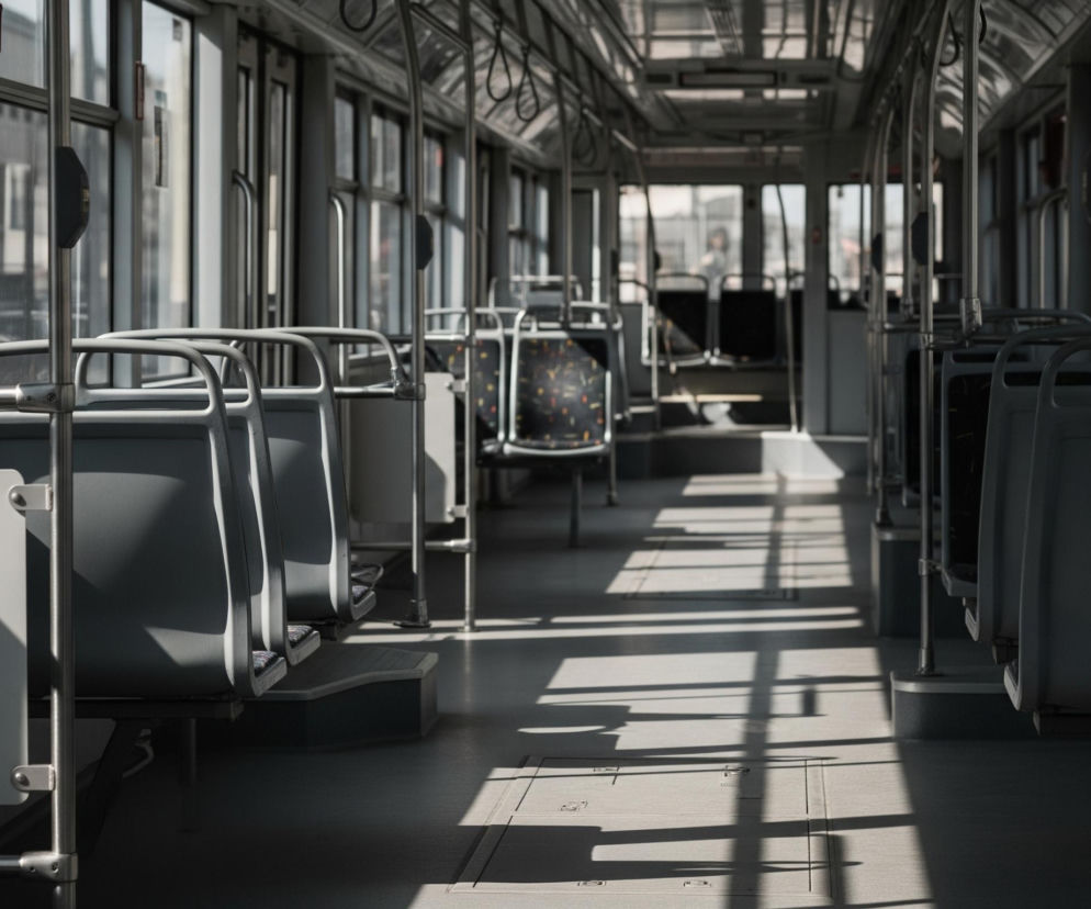 Wnętrze pustego autobusu lub tramwaju jest widoczne z perspektywy korytarza, który rozciąga się w głąb pojazdu. Szare i białe siedzenia w rzędach po obu stronach są puste, z ich metalowymi uchwytami i ramami odbijającymi światło. Światło słoneczne wpada przez liczne, duże okna po lewej i prawej stronie, rzucając długie, prostokątne cienie na jasnoszarą podłogę. Zewnętrzny widok przez okna ukazuje niewyraźne, miejskie otoczenie, z zarysem budynków i innych pojazdów.