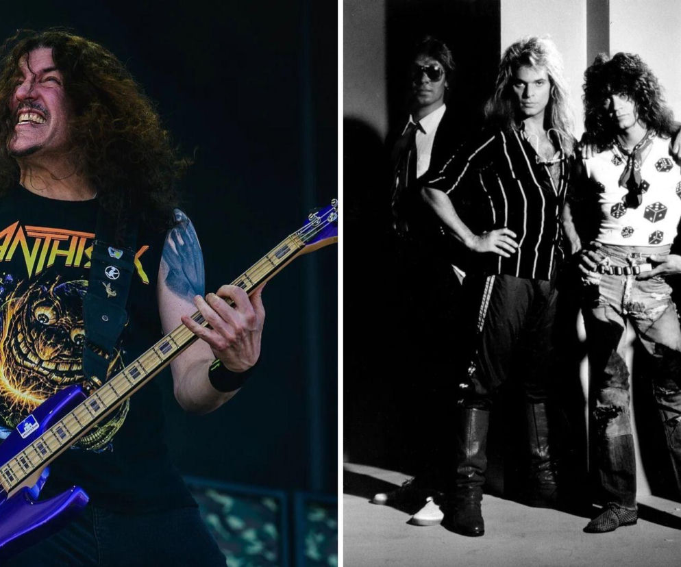 Basista Frank Bello gra na gitarze. Obok na zdjęciu zespół Van Halen. O ich dyskografii przeczytasz na EskaRock.