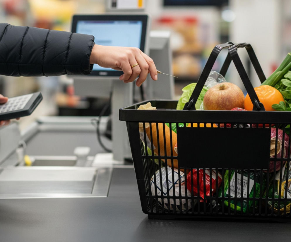 Czarny koszyk na zakupy wypełniony produktami spożywczymi stoi na ciemnej taśmie kasowej. W koszyku widoczne są świeże warzywa, takie jak zielona sałata i szczypiorek, a także owoce – pomarańcza i jabłko. Po lewej stronie kadru, osoba ubrana w czarną puchową kurtkę trzyma w lewej dłoni małe, szare urządzenie z klawiaturą, a prawą ręką z delikatnym, złotym pierścionkiem na palcu, operuje nad koszykiem, trzymając w palcach cienki, metalowy przedmiot przypominający szpilkę. Tło jest rozmyte, ale widać fragmenty sklepowej półki i terminala kasowego z podświetlonym ekranem.
