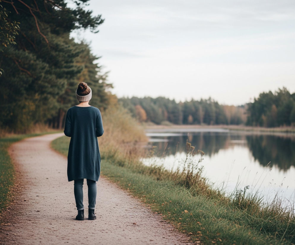 Kobieta ubrana w ciemnoniebieski długi sweter i spodnie w tym samym kolorze, oraz beżową czapkę, stoi tyłem na szutrowej ścieżce, obserwując krajobraz. Ścieżka zakręca delikatnie w lewo, z jednej strony otoczona ciemnozielonym lasem iglastym, a z drugiej rzędem niższej roślinności, traw i krzewów, oddzielających ją od lustrzanej tafli wody. Na horyzoncie widoczny jest las liściasty z pojedynczymi żółtymi drzewami, odbijający się w wodzie pod bladym, pochmurnym niebem.
