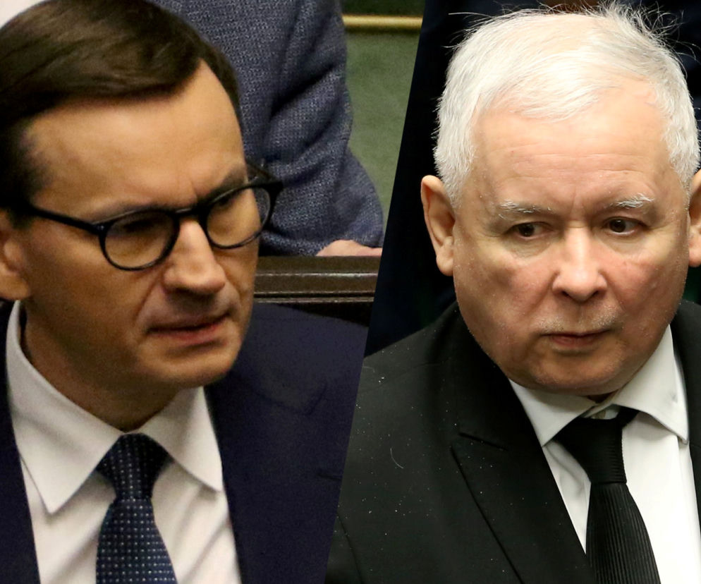 Zestawione portrety Mateusza Morawieckiego i Jarosława Kaczyńskiego. O sondażu i rozłamie w PiS czytaj na SE Polityka.