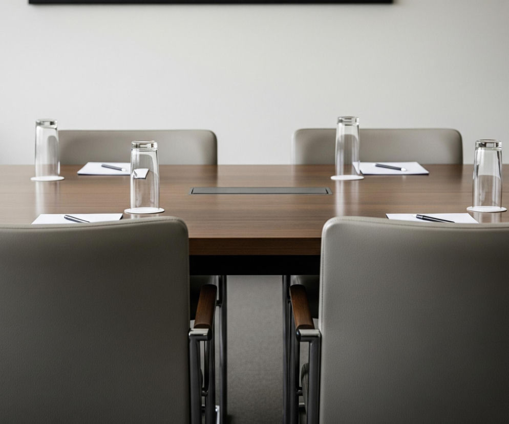 Na pierwszym planie widoczne są dwa beżowe krzesła z metalowymi, chromowanymi nogami i drewnianymi podłokietnikami, skierowane do drewnianego stołu konferencyjnego. Na brązowym blacie stołu, o wyraźnej strukturze drewna, ustawiono szereg odwróconych szklanek, a obok nich leżą białe notatniki z czarnymi długopisami. W tle widoczna jest biała ściana z ciemną, poziomą listwą u góry oraz fragment brązowych drzwi z klamką po prawej stronie.
