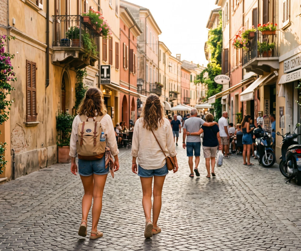 Dwie turystki na brukowanej uliczce Rimini. O tradycyjnych pamiątkach z regionu Romagna przeczytasz na PoradyPlus.