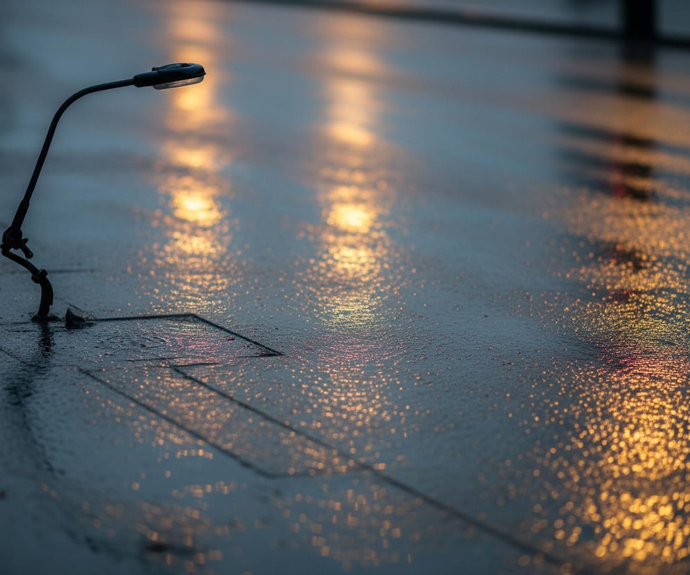 Na pierwszym planie, po lewej stronie kadru, wznosi się ciemna, smukła lampa uliczna o zakrzywionym ramieniu, zakończona podłużnym, mlecznobiałym kloszem delikatnie rozświetlonym w górnej części. Cała scena ukazuje mokrą, błyszczącą nawierzchnię drogi lub chodnika w odcieniach szarości i granatu, pokrytą licznymi drobnymi kroplami wody, które odbijają złocisto-pomarańczowe światła. Te rozmyte refleksy, ułożone w nieregularne pasy i plamy, rozciągają się od lewej do prawej strony, tworząc świetliste smugi na ciemnej powierzchni. W tle, powyżej horyzontu nawierzchni, widoczne są niewyraźne, ciemniejsze kontury budynków lub innych struktur.