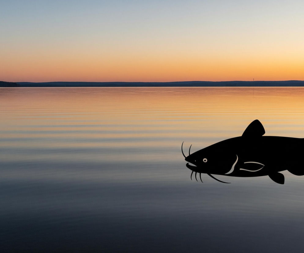 Czarna, stylizowana sylwetka suma z białym okiem i konturami skrzelowymi, umiejscowiona jest na tle rozległego jeziora. Horyzont tworzy linia ciemnozielonego lasu iglastego, widoczna po lewej i prawej stronie, z dalekim, ciemnym pasmem lądu w centralnej części. Niebo płynnie przechodzi od jasnego błękitu u góry do ciepłych odcieni pomarańczu i różu tuż nad linią lasu, odbijając się w spokojnej tafli wody. Woda, pofałdowana delikatnymi, równoległymi falami, zmienia kolor od jasnego pomarańczu i beżu przy horyzoncie do ciemnego granatu w dolnej części obrazu.