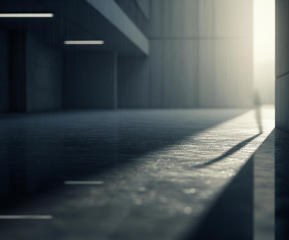 Ciemne, minimalistyczne wnętrze architektoniczne o surowych, prostych liniach. Podłoga ma szarą, betonową teksturę z widocznymi refleksami światła, natomiast ściany są ciemne, w odcieniach grafitu i granatu, z delikatnymi pionowymi i poziomymi liniami. W górnej części widoczne są trzy podłużne, białe lampy sufitowe. Po prawej stronie, w tle, znajduje się jasne, pionowe źródło światła, rzucające długi, zakrzywiony cień na podłogę. Całość kompozycji utrzymana jest w chłodnych, ciemnych barwach, z wyjątkiem jasnego światła w tle.