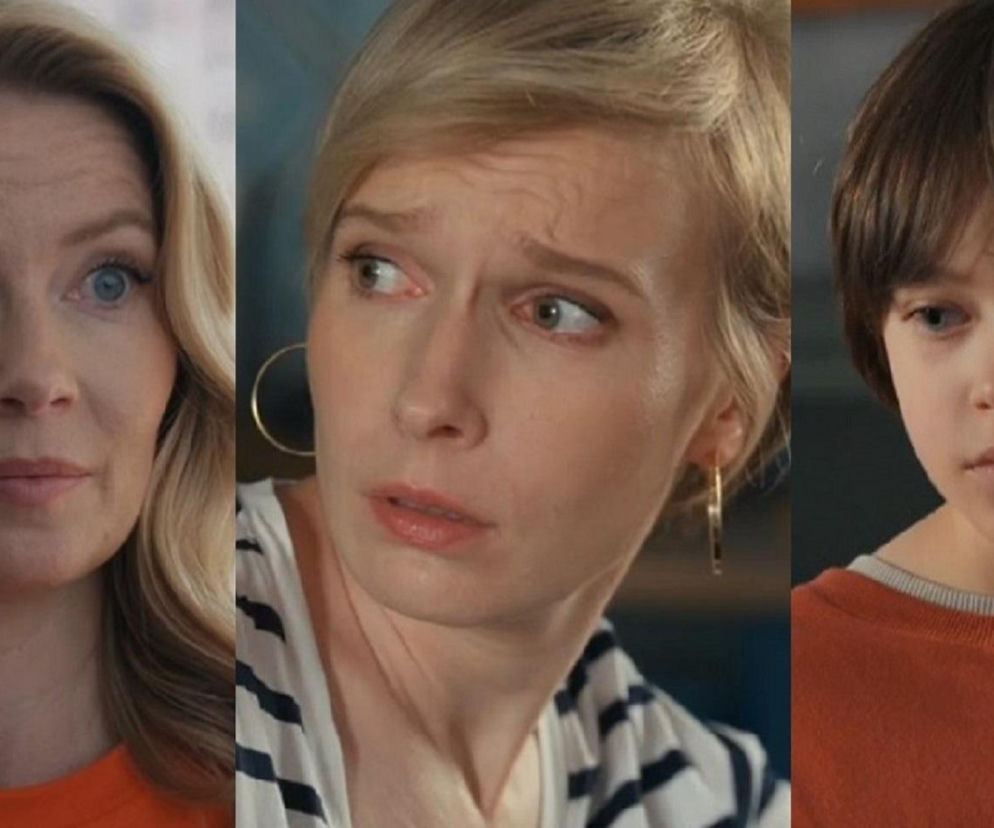 Kolaż trzech kadrów z serialu Barwy szczęścia przedstawiający Dominikię (Karolina Chapko) w pomarańczowej bluzce z otwartymi oczami, Sonię (Weronika Nockowska) w biało-granatowej bluzce w paski z zatroskaną miną i Mateusza (Filip Kowalewicz) w pomarańczowej bluzce z zasmuconym wyrazem twarzy. Więcej o ich losach na stronie Super Seriale.