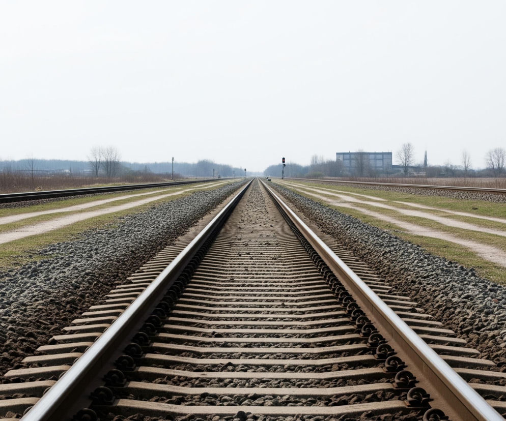 Dwa równoległe tory kolejowe rozciągają się w głąb kadru, zbiegając się w odległym punkcie na horyzoncie. Środkowy tor, zbudowany z metalowych szyn i betonowych podkładów, biegnie przez centralną część obrazu, otoczony grubą warstwą drobnych, szarych kamieni. Po lewej stronie widać drugi tor, również otoczony kamieniami, a pomiędzy torami znajdują się dwie wąskie ścieżki z jasnego gruntu, oddzielone pasami zielonej trawy. W tle, po obu stronach torów, rozciąga się linia lasu z bezlistnymi drzewami, a na horyzoncie po prawej stronie majaczy duży, szary budynek przemysłowy. Całość sceny skąpana jest w jasnym, rozproszonym świetle, które nadaje niebu blady, niemal biały odcień.