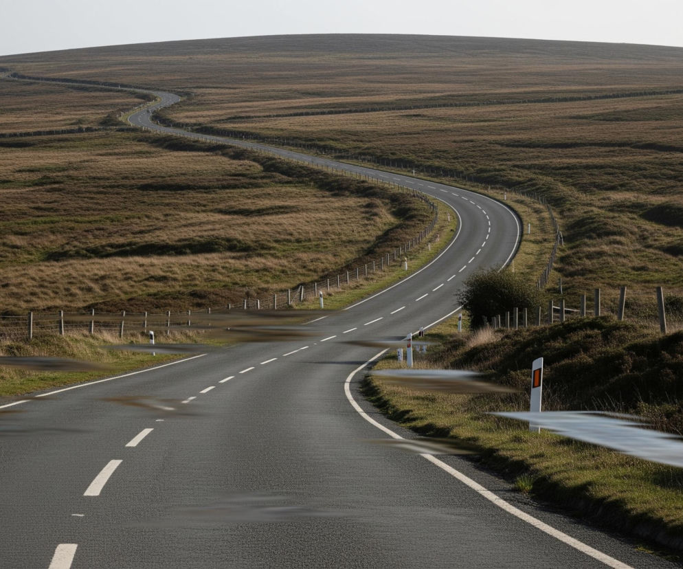 Długa, asfaltowa droga wiję się przez rozległe, trawiaste wzgórze, biegnąc od pierwszego planu ku oddali, aż znika za horyzontem. Nawierzchnia drogi jest ciemnoszara, z wyraźnymi białymi liniami przerywanymi pośrodku oraz ciągłymi liniami na krawędziach. Po obu stronach drogi rozciągają się pola pokryte suchą, brązowo-zieloną trawą, miejscami widoczne są też ciemniejsze krzewy. Wzdłuż drogi widać słupki ogrodzeniowe z siatką, a na niektórych zakrętach stoją białe słupki odblaskowe.