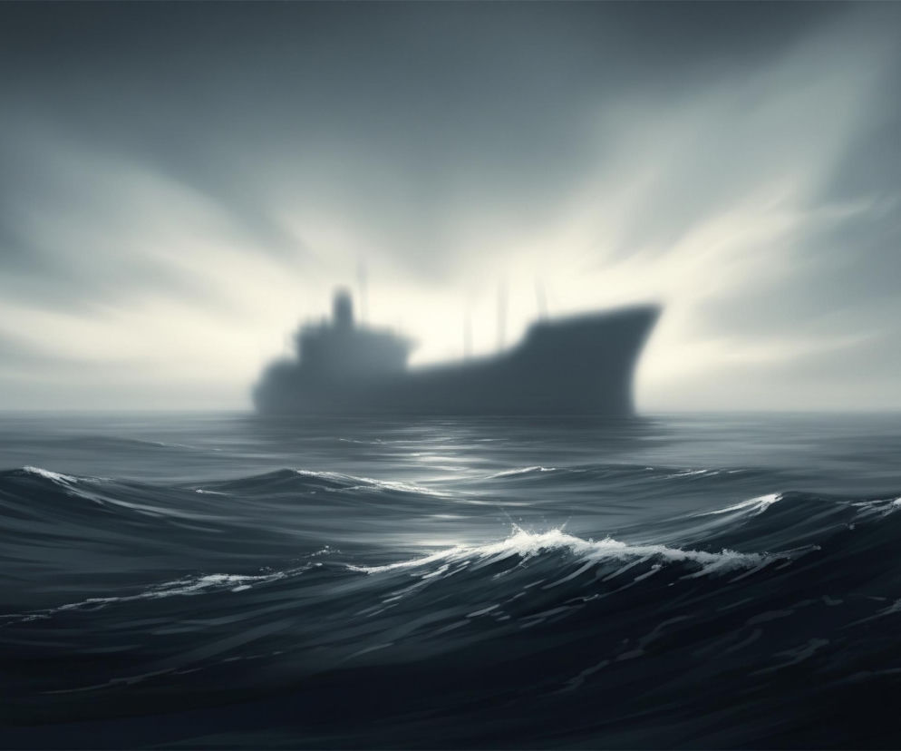 Na pierwszym planie rozciąga się wzburzone, ciemne morze z licznymi falami, których grzbiety są rozjaśnione światłem. W tle, na horyzoncie, widoczny jest niewyraźny kształt dużego statku, otoczonego jasną poświatą przebijającą się przez zachmurzone niebo. Całość utrzymana jest w monochromatycznej palecie szarości i błękitu, z dominującymi ciemnymi tonami wody i jaśniejszymi smugami światła na niebie i falach.