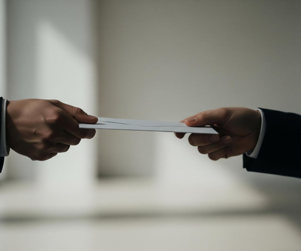 Dwie dłonie, ubrane w ciemne garnitury z białymi mankietami koszul, trzymają białą kopertę. Prawa dłoń wyciąga kopertę, podczas gdy lewa dłoń wydaje się ją przyjmować, delikatnie chwytając jeden z jej końców. Tło to rozmyta ściana z pionowymi pasmami światła i cienia, tworzącymi efektowny kontrast.