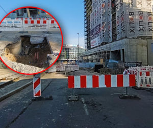 Wielka dziura w jezdni sparaliżowała ruch. Ulica zamknięta, komisja bada sprawę zapadliska