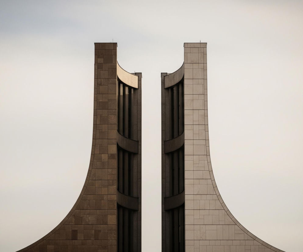 Na zdjęciu widoczne są dwie symetryczne, pionowe konstrukcje architektoniczne, wykonane z paneli o różnych odcieniach szarości i brązu, przypominających kamień. Obie konstrukcje mają prostokątne podstawy i rozszerzają się w dół, tworząc łukowaty kształt na zewnętrznych krawędziach. W wewnętrznych, równoległych wnękach każdej z konstrukcji znajdują się pionowe, ciemne pasy, być może okna lub szczeliny, z subtelnymi zakrzywieniami i poziomymi elementami. Konstrukcje otoczone są jasnym, jednolitym tłem nieba, z lekkim gradientem kolorystycznym, przechodzącym od jaśniejszego, kremowego odcienia na dole do delikatnie chłodniejszego szaro-niebieskiego w górnej części.