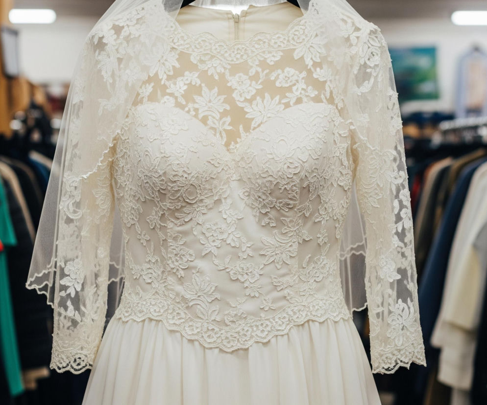 Centralnym elementem obrazu jest biała suknia ślubna z długim rękawem, wisząca na wieszaku, widoczna od talii w górę. Gorset sukni ma cielisty podkład, na którym widnieją białe, wypukłe wzory kwiatowe wykonane z koronki, rozchodzące się symetrycznie i pokrywające zarówno dekolt w kształcie serca, jak i rękawy. Dolna część gorsetu, tuż nad spódnicą, ozdobiona jest grubym pasem koronki.

Suknia ma wysoki kołnierz i jest wyposażona w zamek błyskawiczny z tyłu, z elementem woalki opadającym z tyłu i przechodzącym przez prawe ramię na przednią część sukni. Tło jest rozmyte, ale widać rzędy wieszaków z różnobarwnymi ubraniami po obu stronach sukni, co sugeruje sklep odzieżowy lub butik. Na suficie widoczne są dwa podłużne, białe źródła światła, a w tle z lewej strony znajduje się duży, brązowy, niewyraźny obiekt, być może mebel.