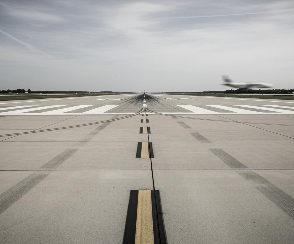 Betonowy pas startowy samolotu rozciąga się w głąb obrazu, zajmując około dwóch trzecich kadru. Na pasie widoczne są białe poziome pasy oraz żółto-czarne przerywane linie wyznaczające środek, z licznymi czarnymi śladami po oponach. W tle, po prawej stronie, widać rozmyty zarys białego samolotu ze skrzydłem skierowanym w prawo, co sugeruje start lub lądowanie. Horyzont wyznacza pas zielonej trawy i ciemnozielonych drzew, natomiast górną część zdjęcia wypełnia jasne, zachmurzone niebo, przez które przebiega cienka, biała smuga.