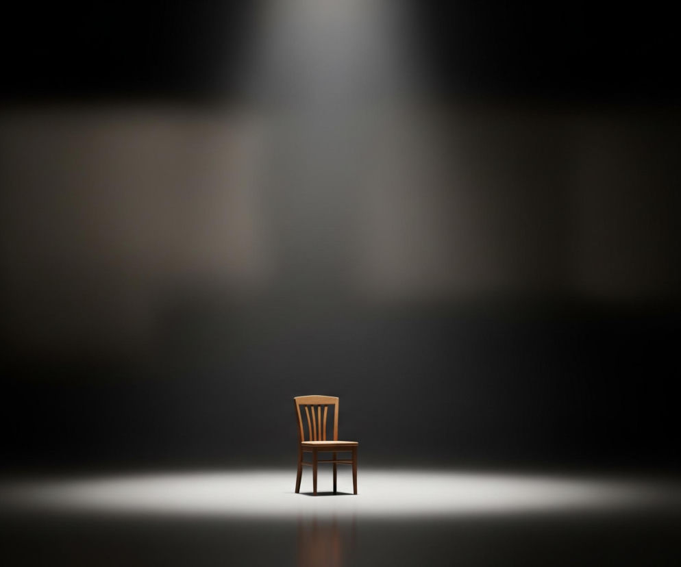 Na środku ciemnego pomieszczenia stoi pojedyncze, drewniane krzesło w jasnobrązowym kolorze, o prostym oparciu z pionowymi szczebelkami. Krzesło jest wyraźnie oświetlone z góry przez mocne, białe światło punktowe, tworzące okrągłą, jasną plamę na podłodze pod nim. Reszta otoczenia jest pogrążona w ciemności, z subtelnymi odcieniami szarości i czerń, które stopniowo rozjaśniają się w górnej części obrazu, gdzie źródło światła jest bardziej rozproszone.