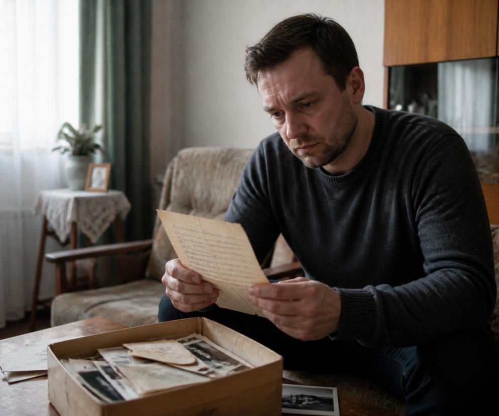 Zamyślony mężczyzna w swetrze czytający pożółkły list w słabo oświetlonym pokoju. Obok niego pudełko starych zdjęć. Scena oddaje emocje związane z odkrywaniem rodzinnych tajemnic. Więcej takich niesamowitych historii przeczytasz na naszym portalu.