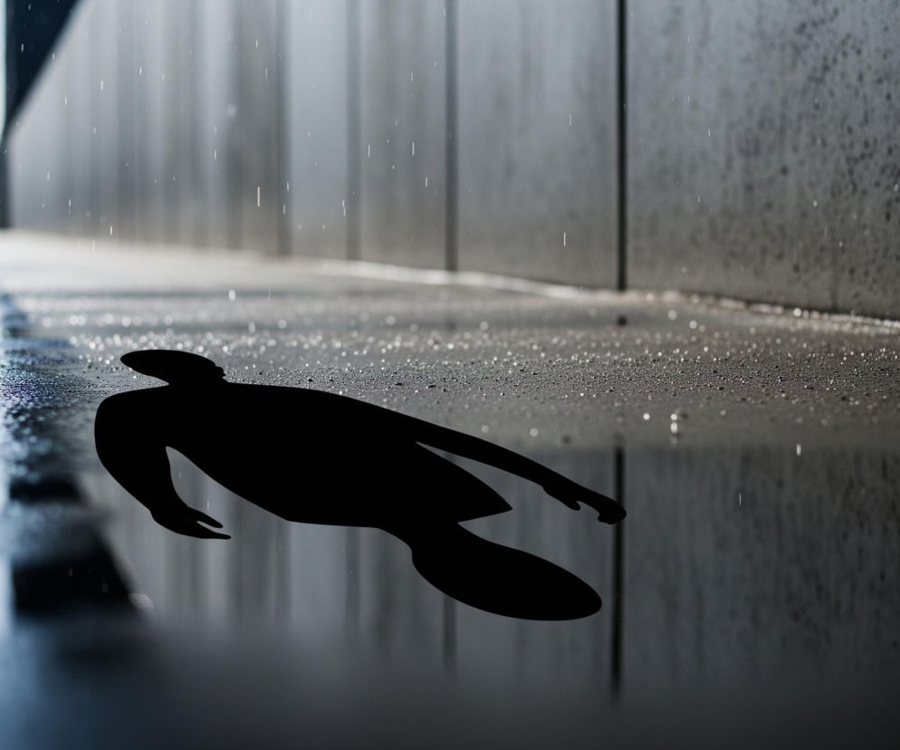 Na pierwszym planie, w centralnej części zdjęcia, znajduje się czarna, płaska sylwetka człowieka leżącego na brzuchu, częściowo zanurzona w kałuży. Sylwetka ma wyraźnie zarysowane ramiona, tułów i lekko rozstawione nogi, a jej lewa ręka (patrząc z perspektywy widza) jest wyciągnięta do przodu. Kałuża, w której leży sylwetka, rozciąga się od dołu obrazu, odbijając otoczenie w ciemnych, rozmytych tonach, z wyraźnymi refleksami światła tworzącymi bąbelki i krople deszczu na powierzchni. Tło stanowi korytarz lub wąskie przejście z wysokimi, pionowymi ścianami w odcieniach szarości i czerni, na których również widać spadające krople deszczu.