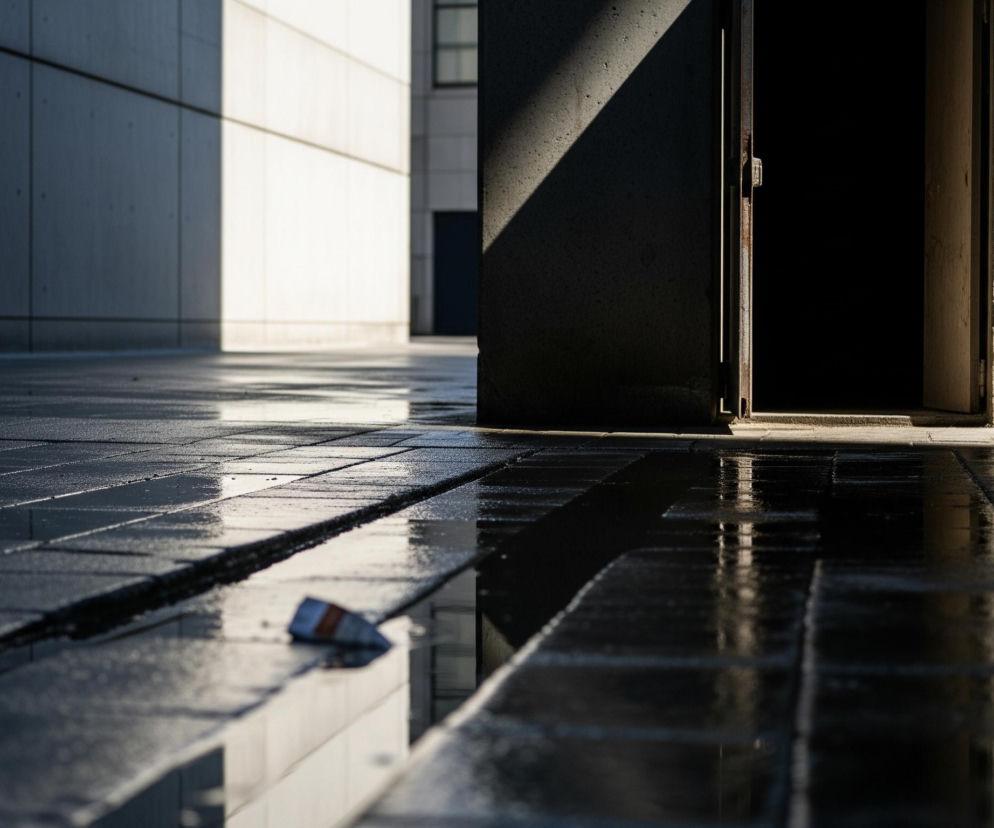 Architekturę miejską, z dominującymi odcieniami szarości i mocnymi kontrastami światła i cienia. Na pierwszym planie widoczny jest mokry, błyszczący chodnik z dużych, kwadratowych płyt, z poziomym podziałem biegnącym przez środek kadru, wypełnionym wodą. Na powierzchni wody, po lewej stronie tego podziału, leży mały, biało-pomarańczowy przedmiot. Po prawej stronie, w tle, znajduje się uchylone, ciemne wejście do budynku, z pionowym, jasnym pasmem światła w szczelinie drzwi. Na ścianie po lewej stronie wejścia pada skośny cień, tworzący wyraźny trójkąt. W tle, po lewej stronie, widoczne są fragmenty jasnych, panelowych ścian kolejnych budynków, oświetlonych słońcem, a w dalszej perspektywie, po prawej, ciemniejsze fasady z oknami.
