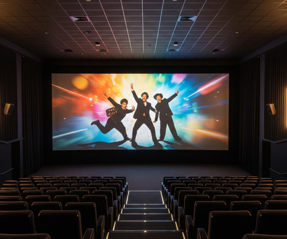 Kinowa sala z widokiem na duży ekran projekcyjny dominuje w kadrze. Na ekranie wyświetlany jest obraz trzech mężczyzn w garniturach, z uniesionymi rękami, na tle dynamicznych, kolorowych świateł w odcieniach czerwieni, pomarańczy, błękitu i zieleni. Poniżej ekranu rozciągają się rzędy ciemnych, pustych foteli kinowych, skierowanych w stronę projekcji, z wyraźnie oświetlonymi schodami pośrodku. Boczne ściany sali są pokryte ciemnymi, pionowymi panelami lub zasłonami, z pionowymi, ciepłymi lampami i czarnymi głośnikami rozmieszczonymi w regularnych odstępach. Sufit jest ciemny, kasetonowy, z widocznymi kratkami wentylacyjnymi i wbudowanymi punktowymi źródłami światła.