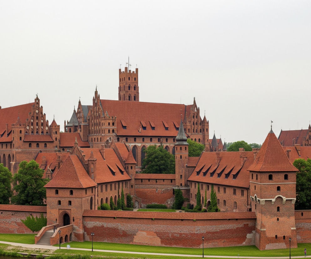 Rozległy kompleks zamkowy z czerwonej cegły dominuje na obrazie, składający się z licznych budynków, wież i murów. Główne, większe budowle posiadają spadziste dachy pokryte czerwoną dachówką i ozdobne szczyty, z centralną wieżą w tle. Całość otoczona jest niższymi murami obronnymi, za którymi widać zielone trawniki oraz rzekę po lewej stronie kadru. Poza murami obronnymi znajduje się ścieżka dla pieszych z latarniami, a w oddali po lewej stronie, ponad horyzontem, widać zarysy miejskich budynków.