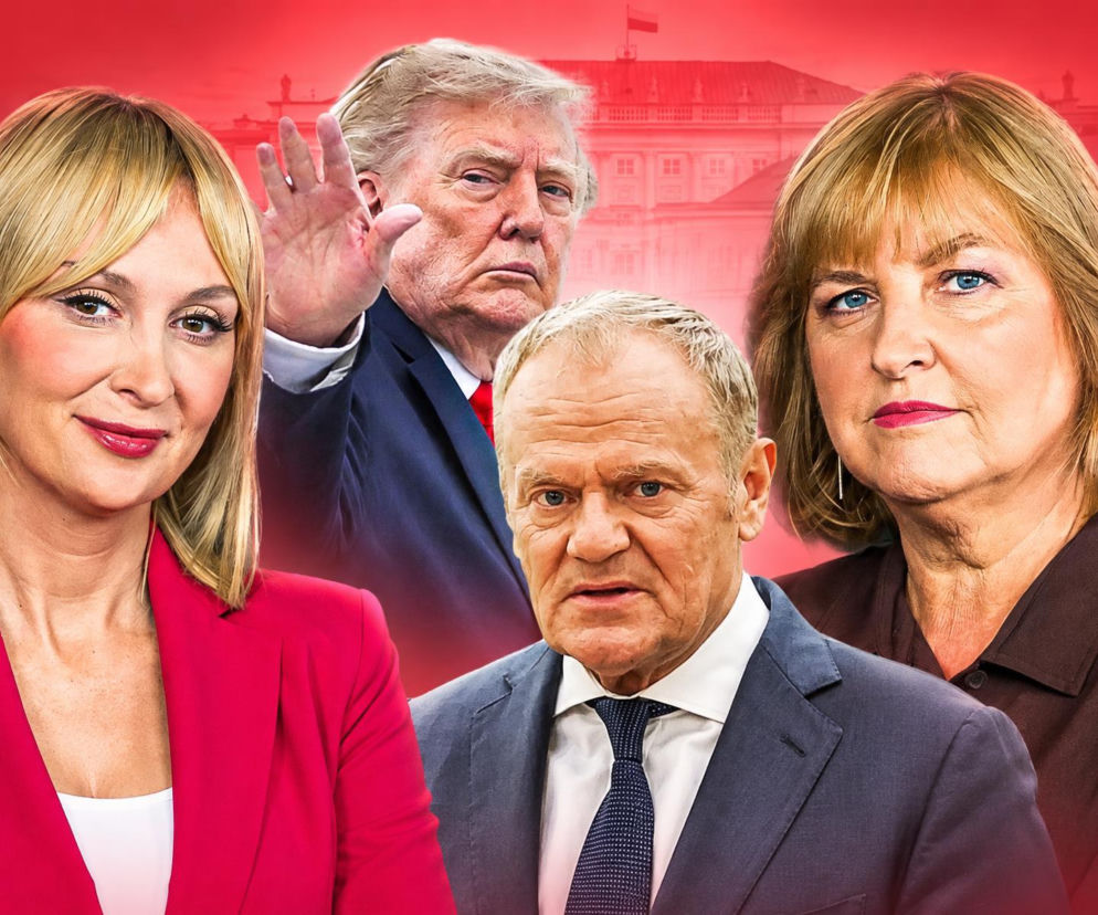 Dziennikarki Joanna Miziołek i Eliza Olczyk, a między nimi Donald Tusk i Donald Trump. O sporze o bazę USA w SE Polityka.