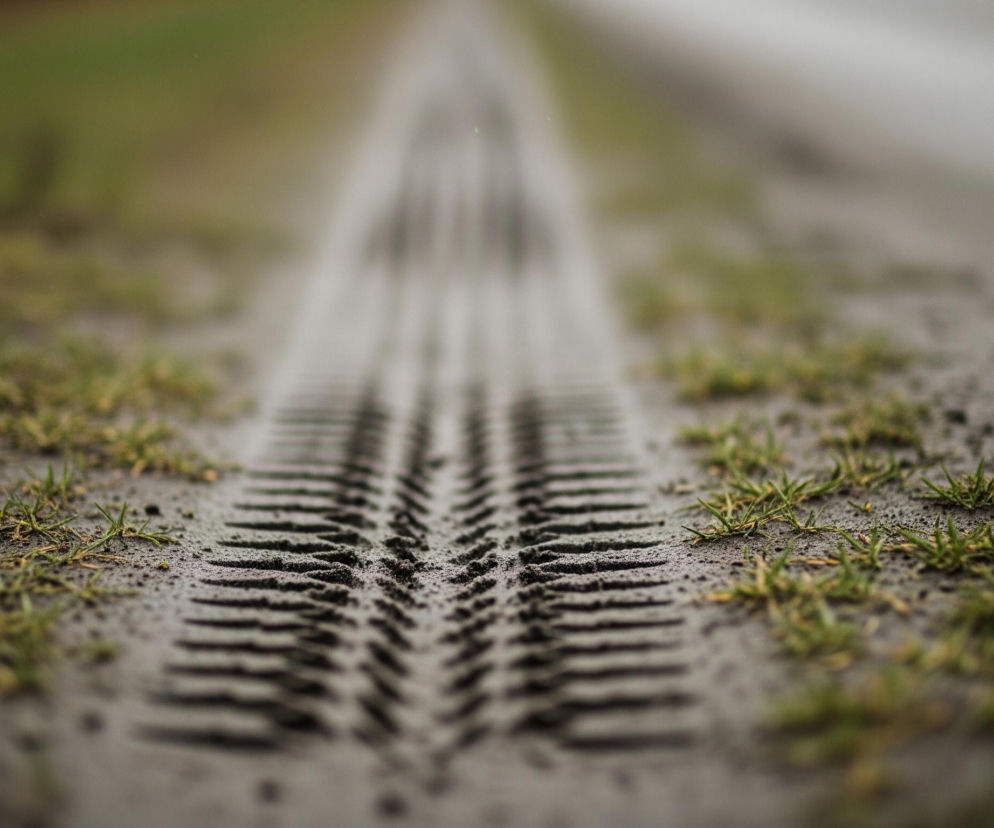 Na pierwszym planie widoczny jest pojedynczy, wyraźny ślad opon biegnący centralnie w głąb obrazu, stopniowo zanikając w rozmytej perspektywie. Ślad składa się z regularnych, prostokątnych wzorów odciśniętych w ciemnej, wilgotnej ziemi. Po obu stronach śladu oraz częściowo wtopione w podłoże, rosną kępki zielonej trawy, przetykane nielicznymi suchymi źdźbłami o żółtawym zabarwieniu. Tło, stanowiące kontynuację drogi, jest rozmyte i ma szaro-zielone odcienie, z jaśniejszą, zamgloną plamą w oddali, która może sugerować wodę lub błoto.