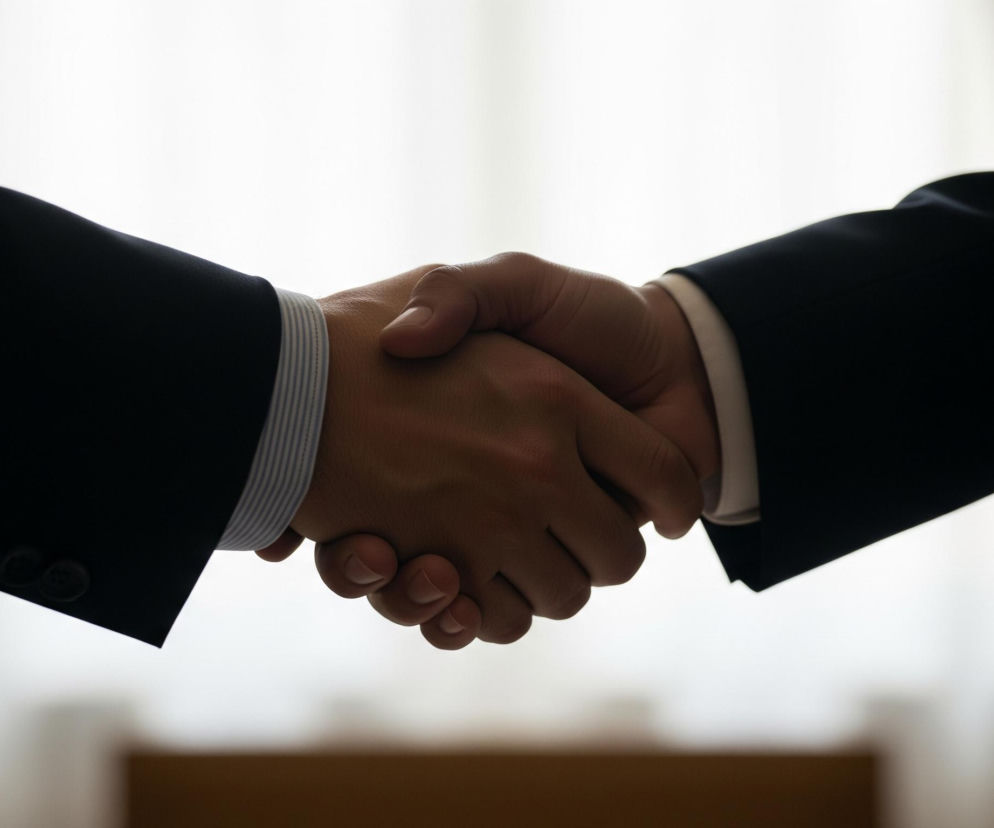 Dwie osoby ściskają sobie dłonie, z ramionami ubranymi w ciemne marynarki. Lewa dłoń należy do osoby noszącej jasną, pasiastą koszulę, widoczną na mankiecie. Prawa dłoń, z mankietem jasnej koszuli, jest widoczna na drugim planie. Tło jest rozmyte, jaśniejsze w centrum i ciemniejsze po bokach, z delikatnymi brązowymi akcentami.