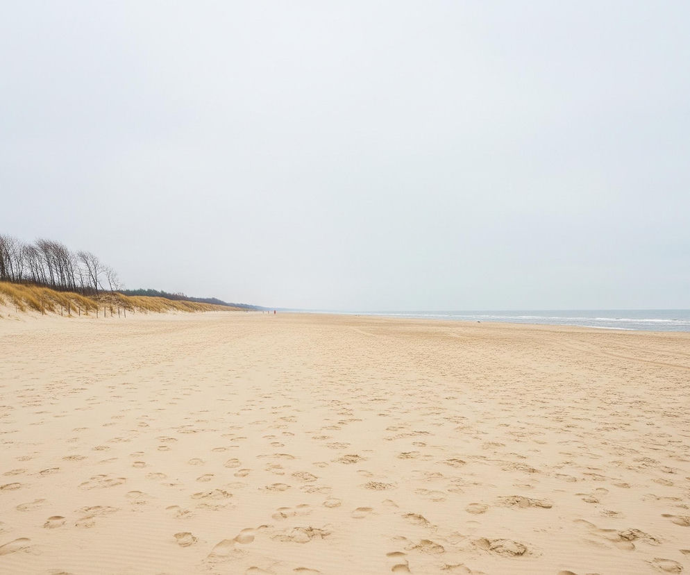 Piaszczysta plaża o jasnobeżowym odcieniu rozciąga się wzdłuż kadru, z licznymi śladami stóp widocznymi na pierwszym planie. Po lewej stronie widać wydmy pokryte suchą, żółto-brązową trawą, za którymi wznoszą się bezlistne drzewa o ciemnych pniach i gałęziach. Horyzont wyznacza linia morza z delikatnymi falami, a nad nim rozpościera się jednolicie szare, zachmurzone niebo.