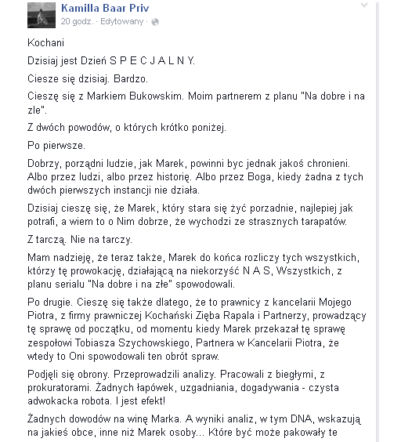 Kamilla Baar cieszy się z uniewinnienia Bukowskiego.