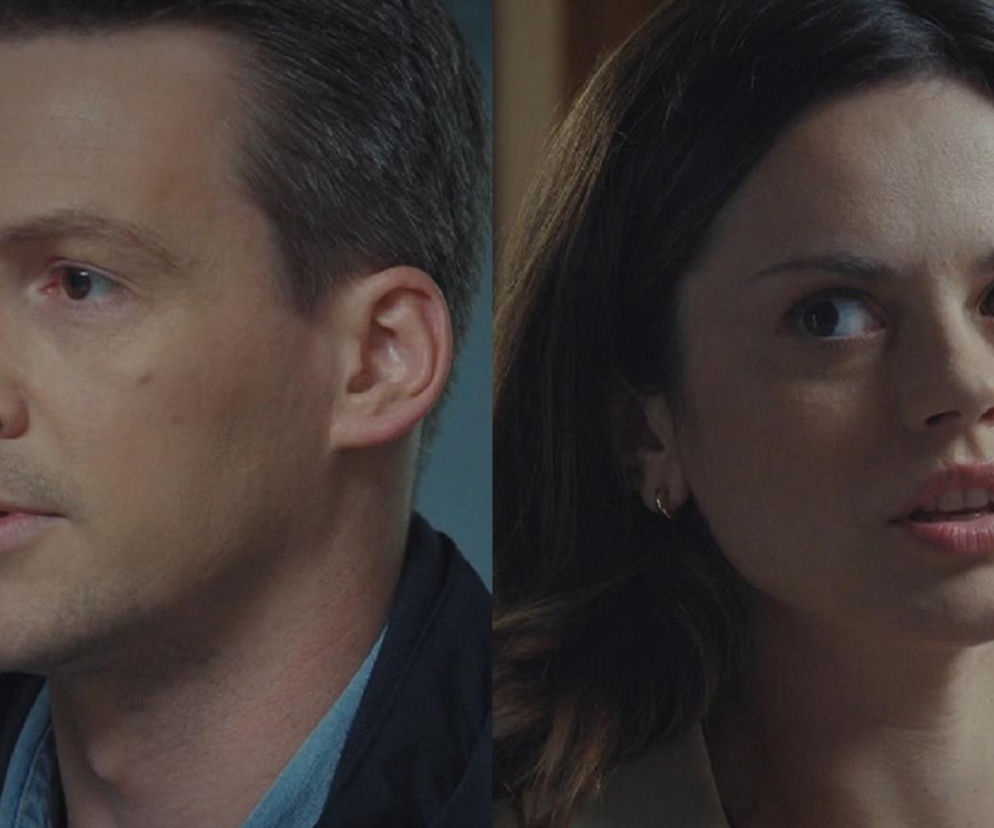 Zbliżenie na Jakuba (Krzysztof Kwiatkowski) z lewej strony i Kasię (Paulina Lasota) z prawej. Jakub ma krótkie, ciemne włosy, Kasia ciemne, długie włosy, wyrażające zdziwienie. Scena z serialu „M jak miłość” odcinek 1891, gdzie Jakub dowiaduje się o ojcostwie. Więcej o ich losach na stronie Super Seriale.