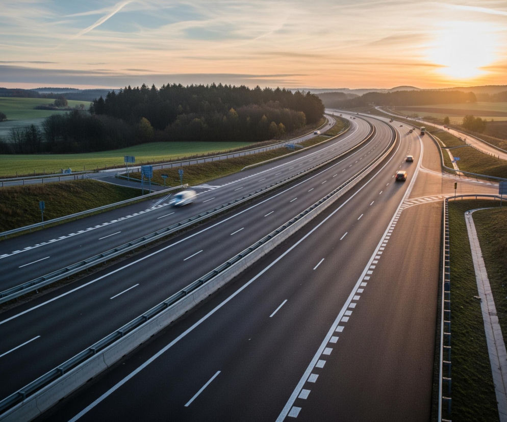 Szeroka autostrada o kilku pasach w każdym kierunku biegnie przez wiejski krajobraz, zakręcając w prawą stronę w oddali. Na jezdni widoczne są rozmyte smugi świateł poruszających się pojazdów oraz kilka wyraźniejszych samochodów, co wskazuje na ruch drogowy. Otoczenie drogi to zielone pola uprawne, gęste lasy i wzgórza w tle, a na horyzoncie słońce zachodzi, malując niebo odcieniami pomarańczu i błękitu.