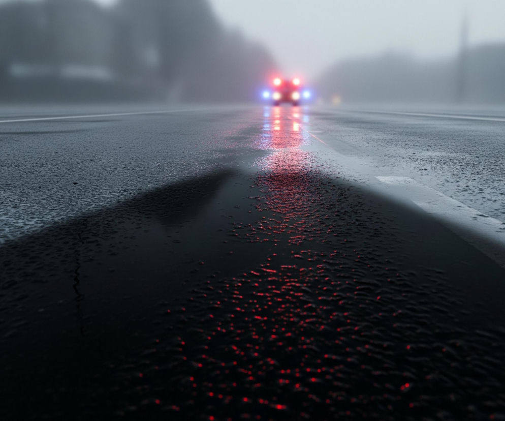 Mokra asfaltowa droga biegnie przez centrum kadru, z wyraźnym białym pasem rozdzielającym ją na dwie części po lewej stronie. Na mokrej nawierzchni odbijają się intensywne czerwone i niebieskie światła pojazdu znajdującego się w oddali, rozmytego z powodu mgły lub zadymienia. Otoczenie drogi jest niewyraźne i szare, z sugestią drzew lub budynków po obu stronach. Cała scena jest zdominowana przez ciemne, stonowane barwy, rozjaśnione jedynie przez pulsujące światła i ich odbicia.