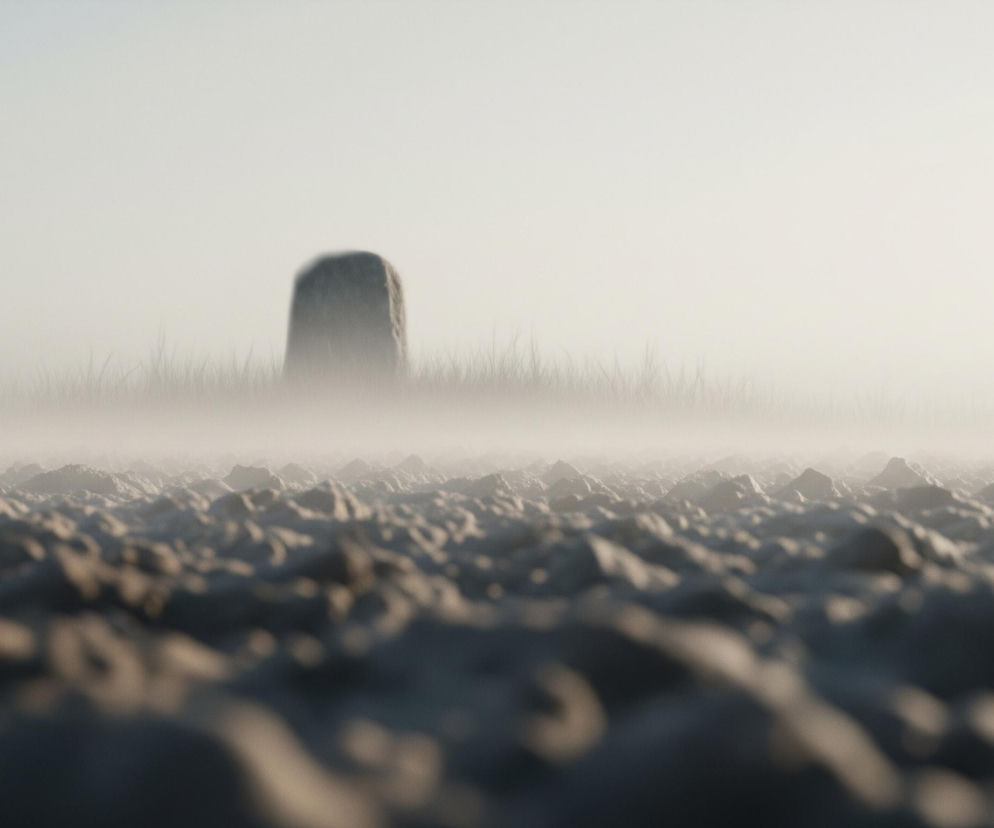 Na pierwszym planie rozciąga się pofałdowany teren usłany nieregularnymi bryłami ziemi lub kamieni, w odcieniach szarości i beżu, z widocznymi cieniami. Horyzont przesłania gęsta, biała mgła, przez którą w oddali przebija się pojedynczy, rozmyty ciemny obiekt o kształcie zbliżonym do prostokąta z zaokrąglonymi rogami, otoczony niewyraźnymi sylwetkami traw. Powyżej mgły niebo jest jasne, o delikatnym, beżowym zabarwieniu.