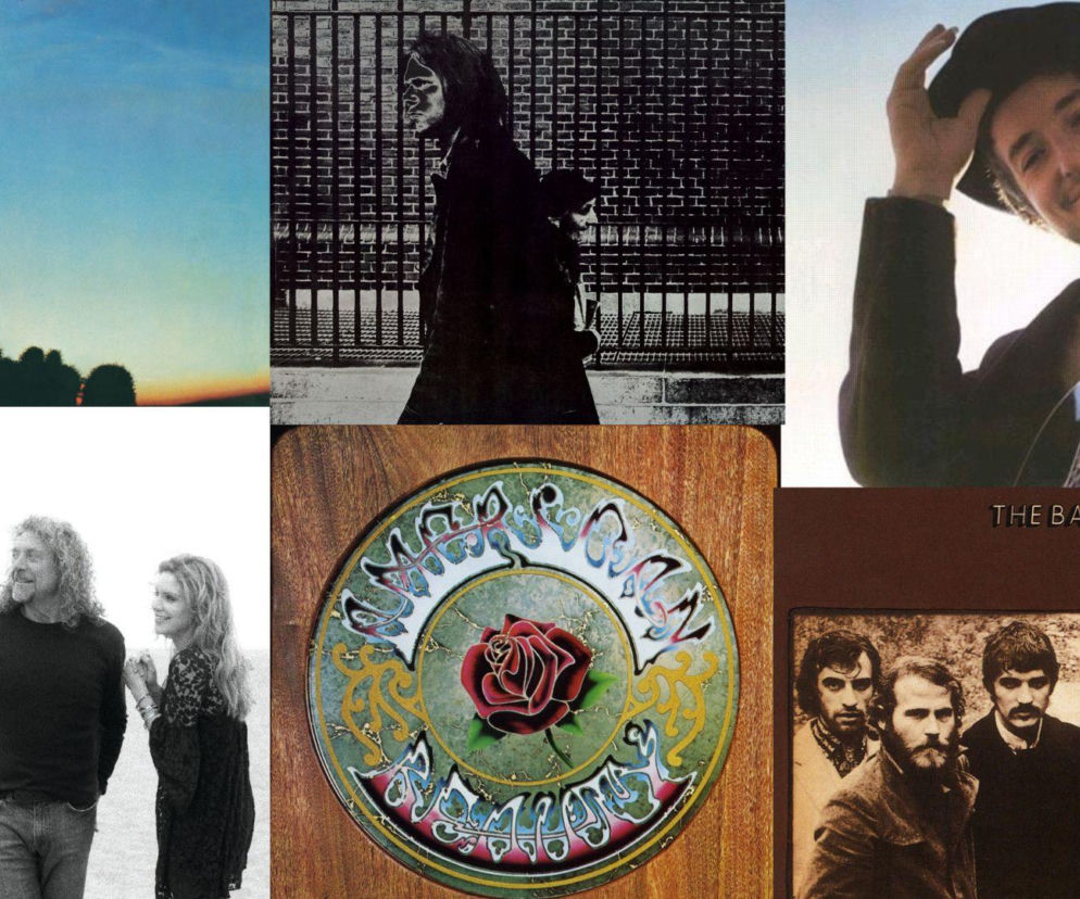 Okładki albumów country-rockowych, m.in. Boba Dylana i The Band. O historii gatunku przeczytasz na EskaRock.